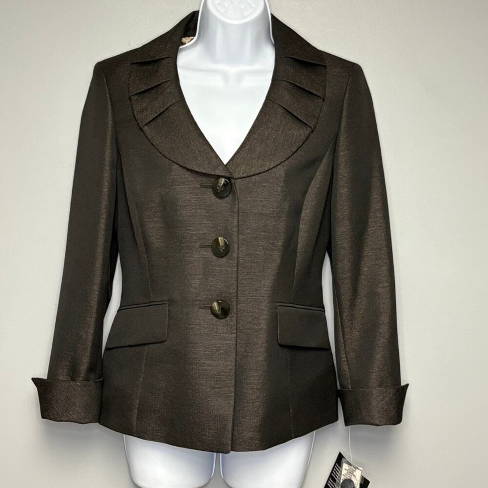 NWT Le Suit Brown Shimmer Pleated Collar Jackie O Old Money‎ Blazer Womens Sz 6